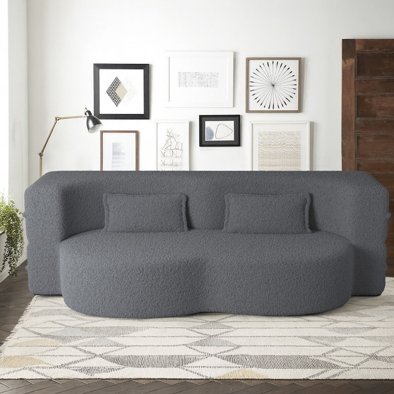 Modern Minimalist Compressed Upholstered Convertible Two-Seater Sofa Bed with 2 Pillows - Grey Teddy