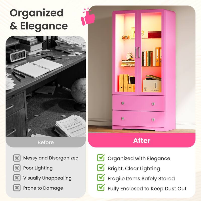 64'' Tall Display Cabinet with Acrylic Doors and LED Lights - N/A