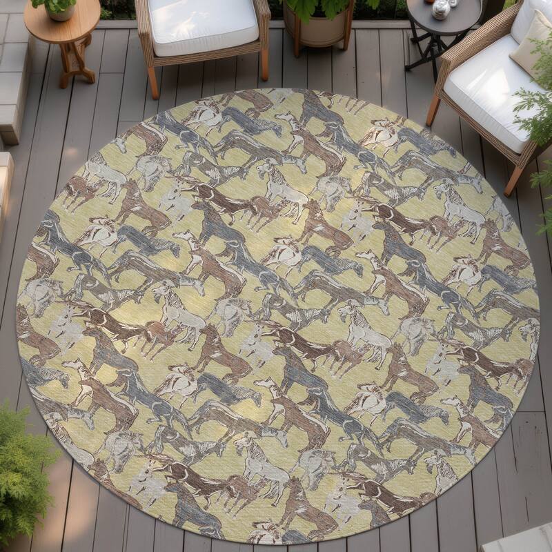Machine Washable Indoor/ Outdoor Horse Herd Chantille Rug - Wheat - 8' x 8'
