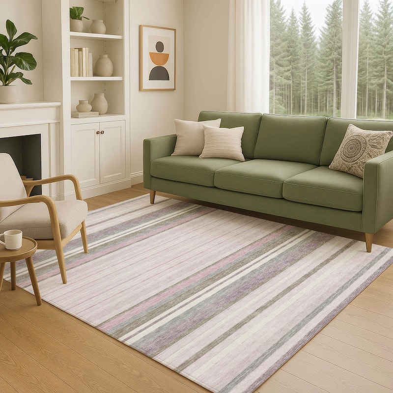 Machine Washable Indoor/ Outdoor Modern Stripes Chantille Rug