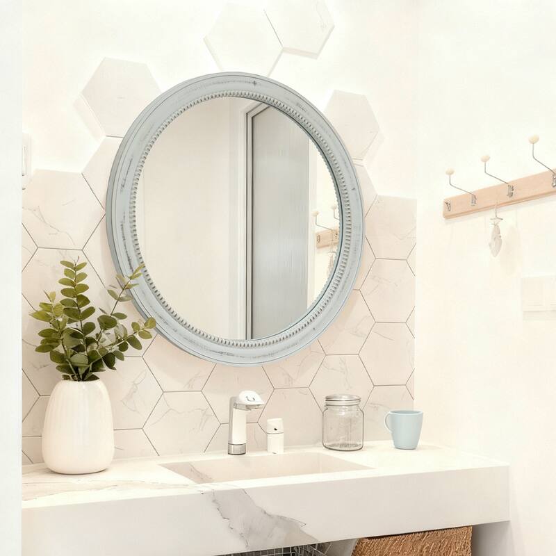 Round Distressed White Wood Beaded Wall Mirror - Natural Wood