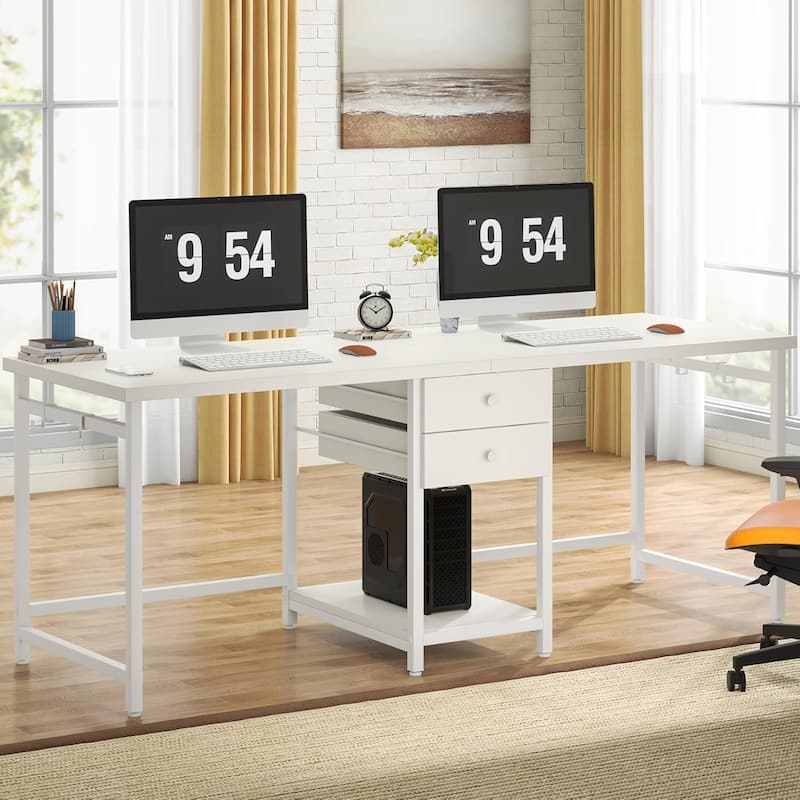 79-Inch Two Person Computer Desk with Drawers and Storage Shelves, Extra Long Double Workstation Table with Hooks