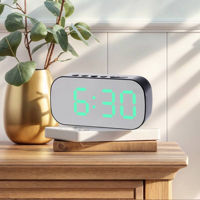 Small Oval Digital Alarm Clock Bedroom, Alarm Clocks Big Numbers Adjustable Dimmable Snooze, 12/24H Deep for Sleepers - Black Green