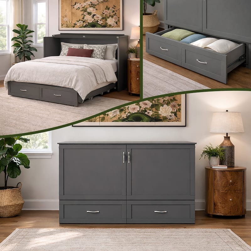 Hamilton Queen Murphy Bed Chest with 6" Mattress, Storage Drawer & Built-In Charger in Grey