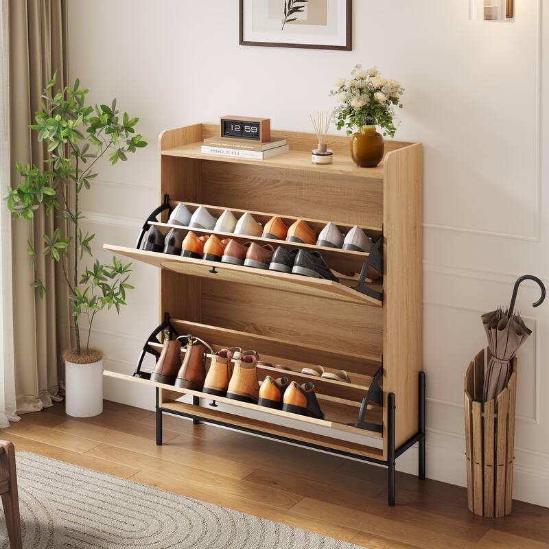 2-Drawer Wooden Shoe Cabinet with Rattan Doors/Narrow Freestanding Storage Organizer for Entryway