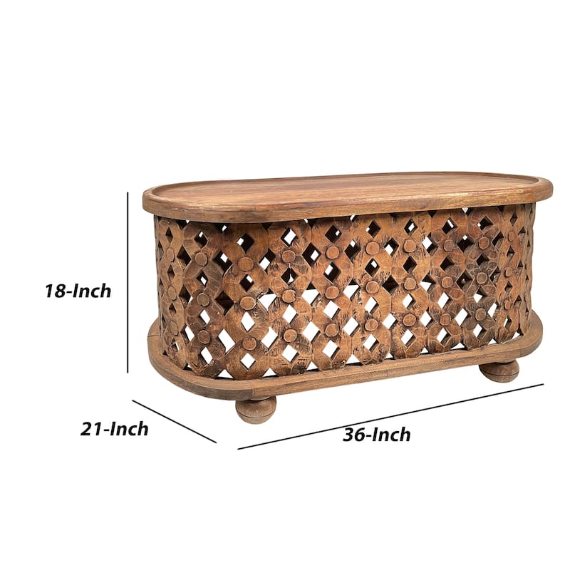 36 Inch Handcrafted Oval Coffee Table, Intricate Cutout Design, Antique Brown