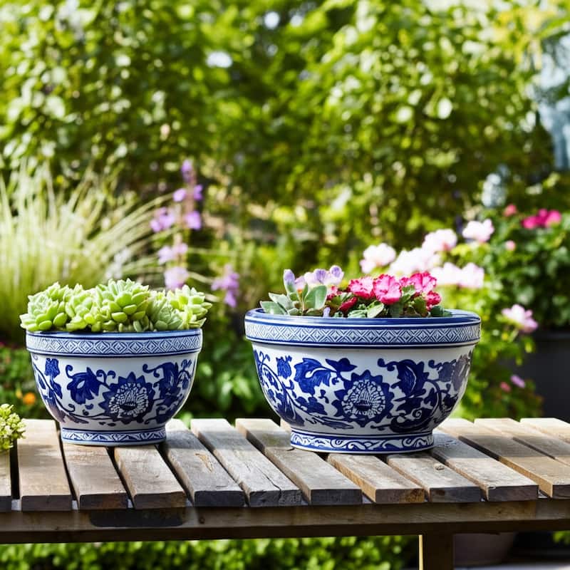 Decorative Stoneware Planters with Timeless Garden Design (Set of 2)