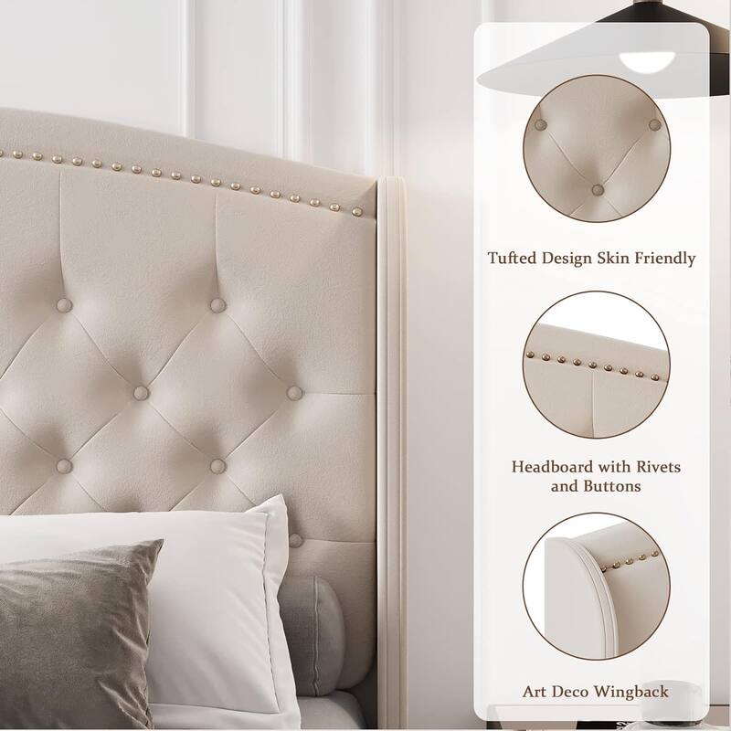 Platform Bed Frame Full with Upholstered Wingback Headboard