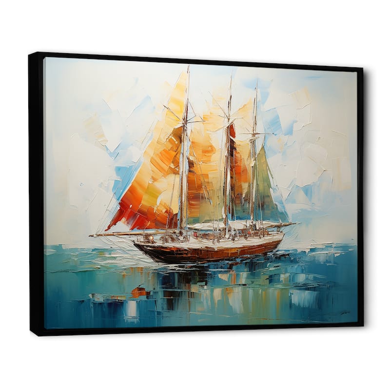 Designart "Moonlight Saiboat Horizon I" Boat Sailing Orange Wall Decor - Modern Entryway Framed Wall Art