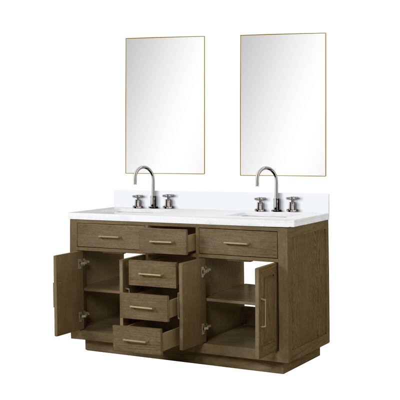Abbey 60 in W x 22 in D Black Oak Double Bath Vanity, Cultured Marble Top, Faucet Set, and 28 in Mirrors