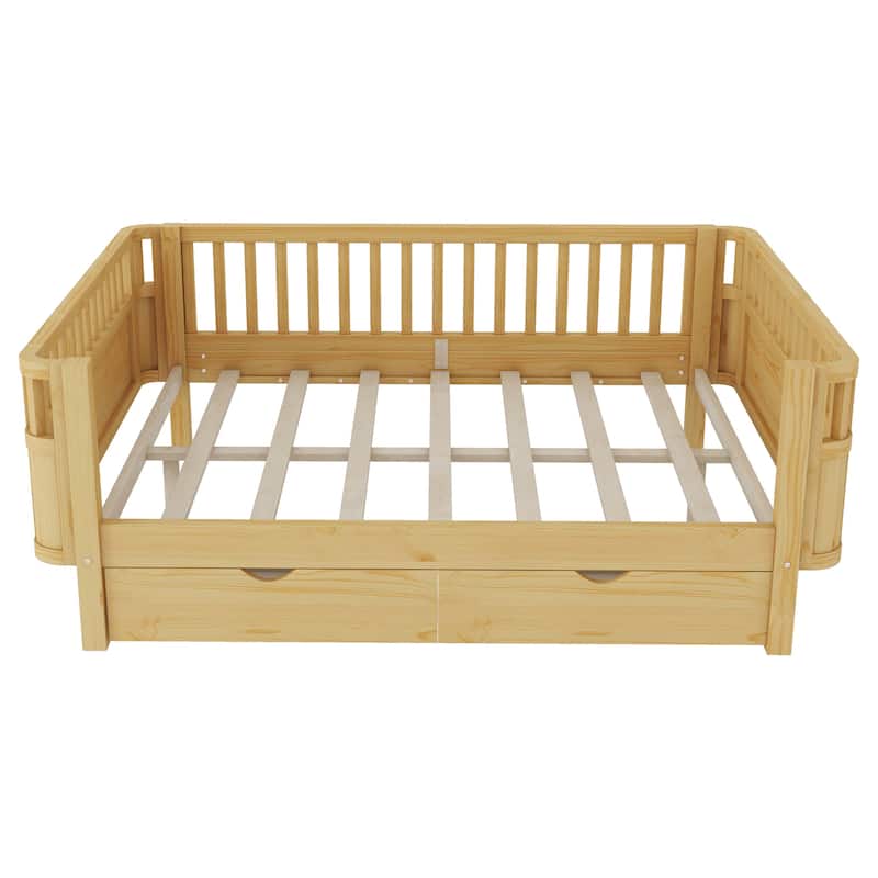 Full Size Wood Platform Bed for Kids, Wood Low Profile Full Bed with Rails for Girls and Boys, White