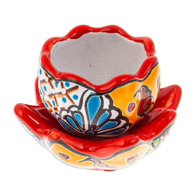 Novica Handmade Talavera Eden In Strawberry Ceramic Flower Pot