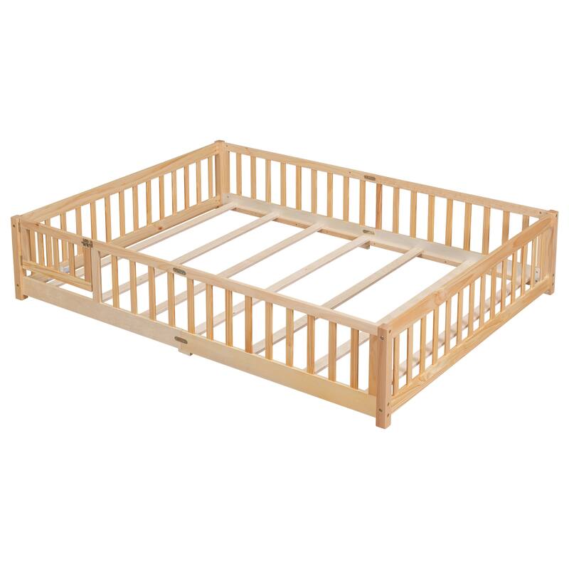 Queen size Floor Platform Bed with Fence Guardrails and Door