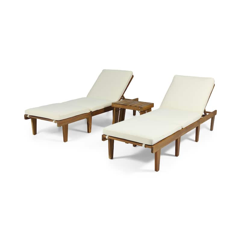 Ariana Outdoor Acacia Wood 3 Piece Chaise Lounge Set with Water-Resistant Cushions by Christopher Knight Home - Teak Finish + Cream Cushion