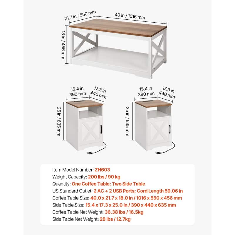 3-Piece White-Brown Wood Coffee Table Set with Power Outlets and Storage Space for Living Room - 40” x 21.7” x 18”