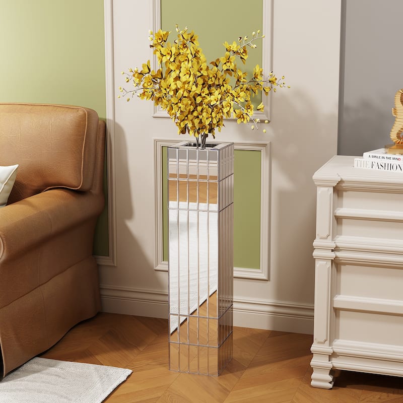 Tall Floor Vase 29.92" (76cm) Mirrored Floor Vase for Home Decor Large Cube Vase in Silver for Dried Flowers Modern Glass Vase - Silver