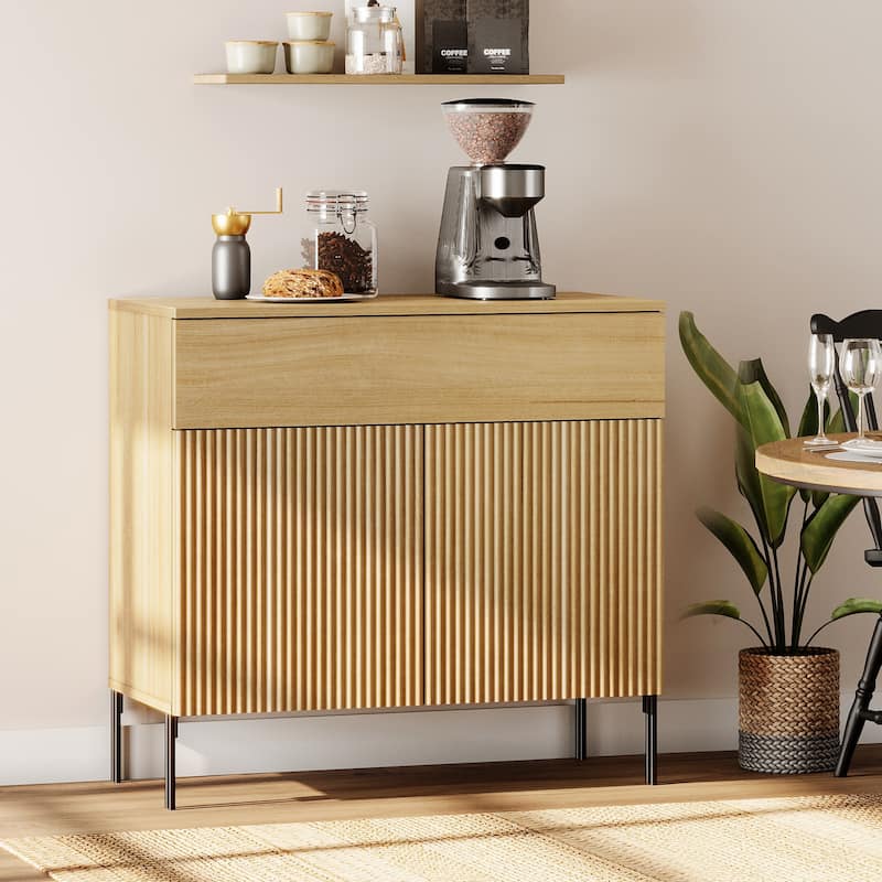 31.5" Wooden Reeded Sideboard With Doors And Drawer, Modern Credenza Storage Cabinet