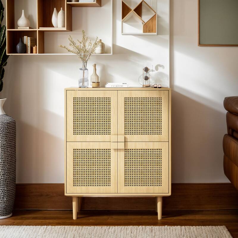 Modern Storage Cabinet with Adjustable Shelves and Four Rattan Mesh Decorative Doors - Natural