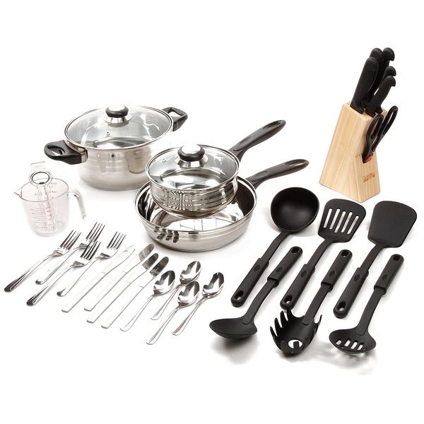 Gibson -89117.32 Lybra Cookware Combo Set, 32-Piece, Mirror Polished Stainless Steel