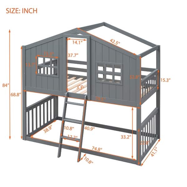 dimension image slide 0 of 2, Playhouse Style Kids Bunk Bed with Fence, Twin Over Twin House Bed with Roof, Window, Ladder and Solid Pine Wood Frame