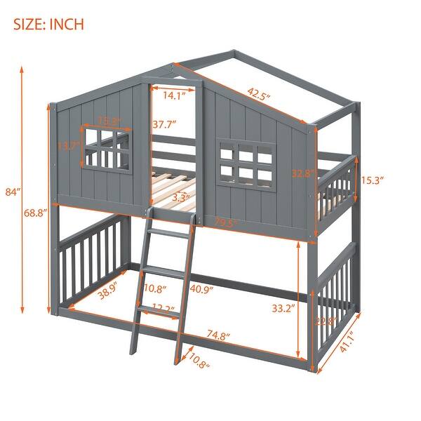 dimension image slide 0 of 3, Twin over Twin Bunk Bed Frame with Semi-enclosed House Frame, Windows, Headboard, Ladder, Guardrail - Wooden House Bed Frame聽
