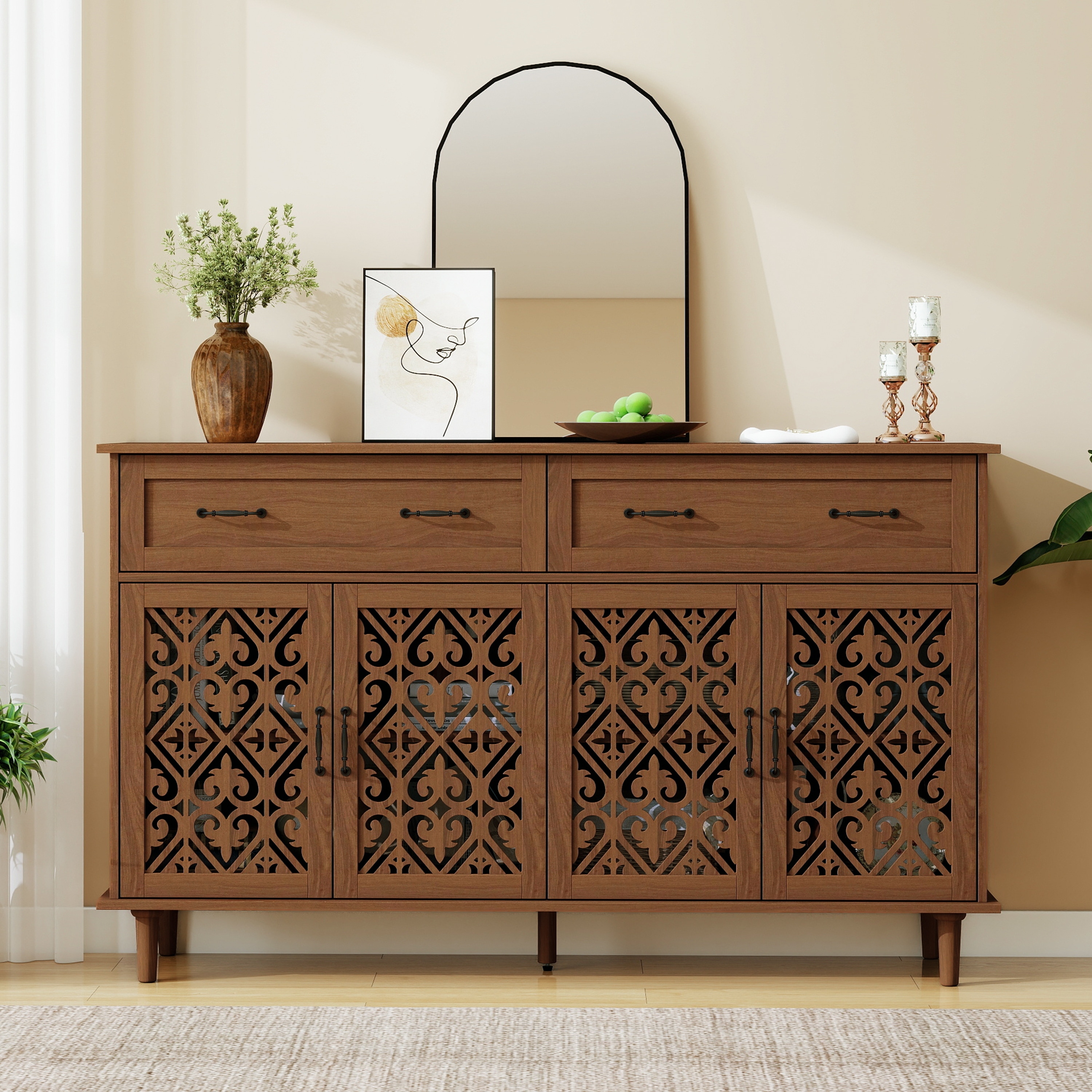 Vintage Sideboard Buffet Cabinet with Hand-Carved Hollow Doors,Distressed Light Wood Finish,2 Drawers & 4 Doors Storage Cabinet