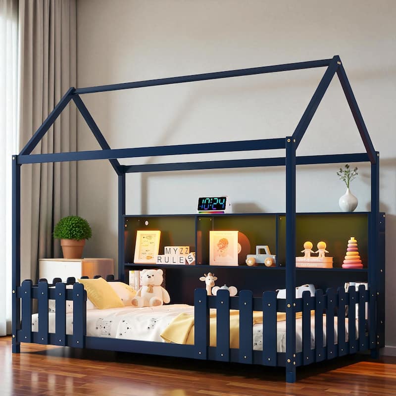 Twin Size Wooden House Bed with LED Light and Storage Bookshelf, Low Floor Kids Bed Frame with Guardrails - Navy Blue - Twin