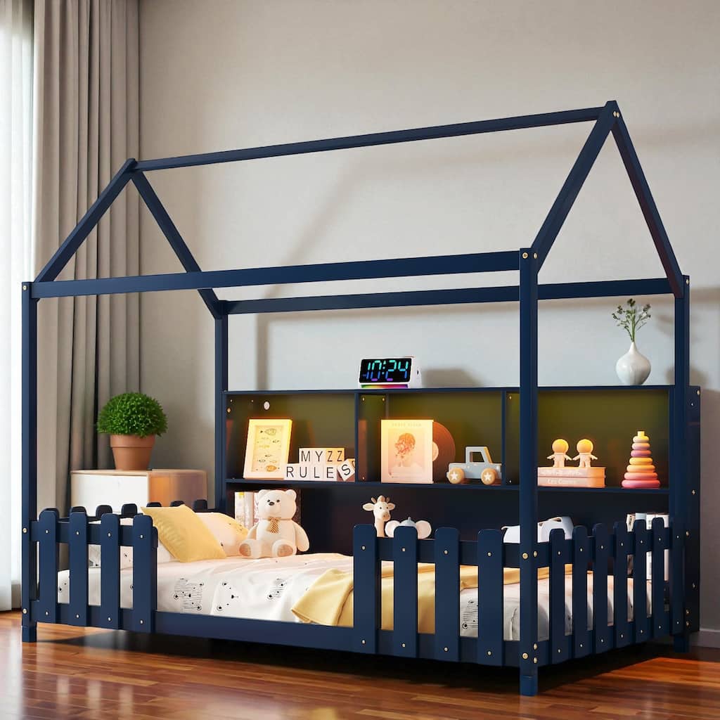 Twin Size Wooden House Bed with LED Light and Storage Bookshelf, Low Floor Kids Bed Frame with Guardrails