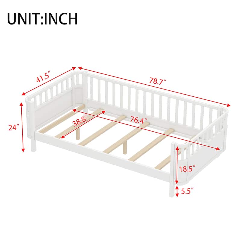 Multi Size Low Platform Bed for Kids with Rounded Corners Guardrails, Detachable Right-side Fence and Open Left-side Design