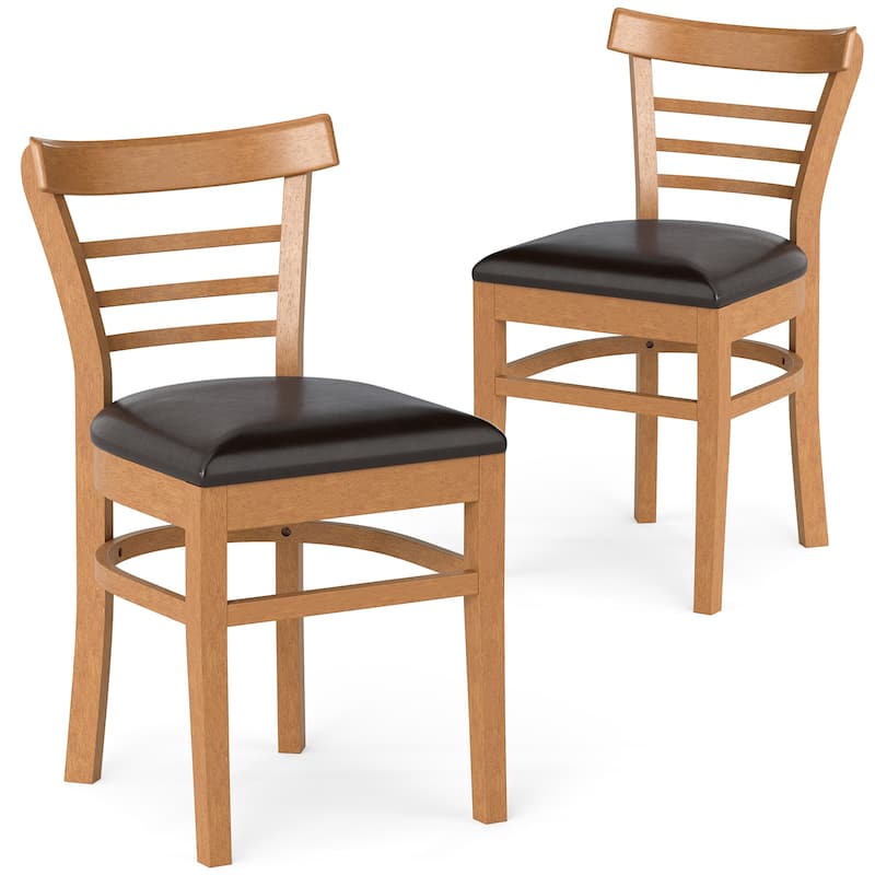 Set of 2 Rubber Wood PU Leather Padded Mid-Century Dining Chairs Set with Ergonomic Backrest - 16.5" x 19" x 31" - Brown