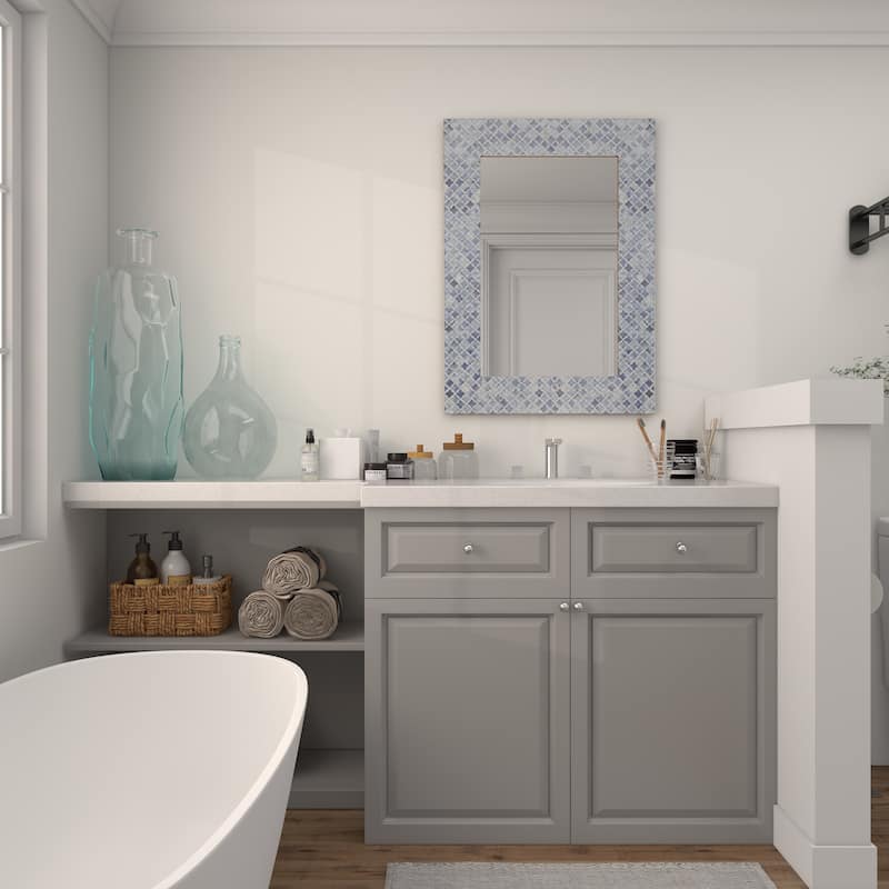 Blue Wood Quatrefoil Room Wall Mirror with Bone Inlay