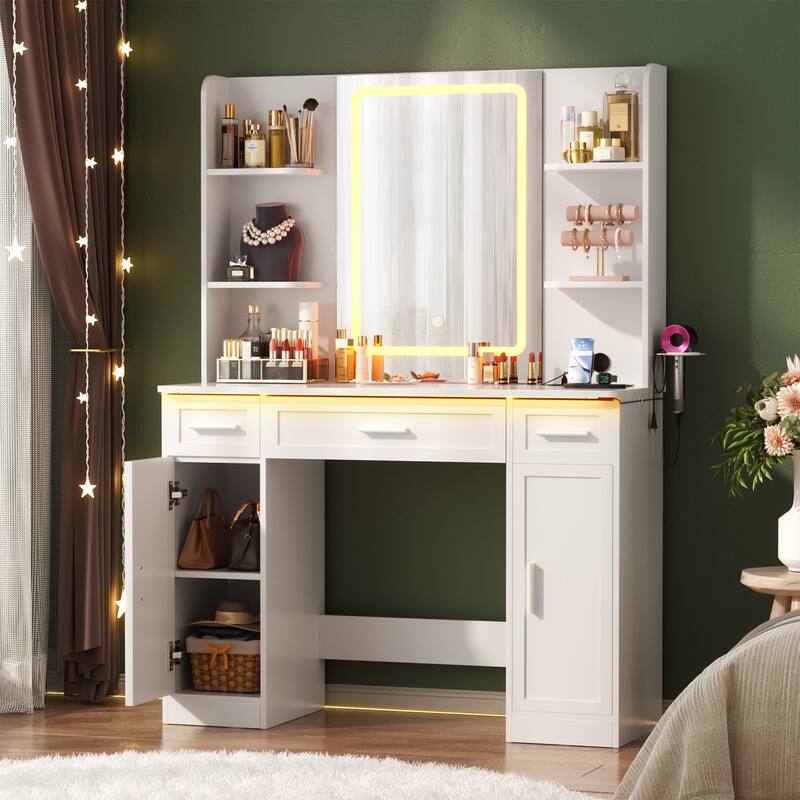 Modern Farmhouse Vanity Table with LED Mirror, Makeup Vanity Desk with Drawer, Cabinet, and Shelves