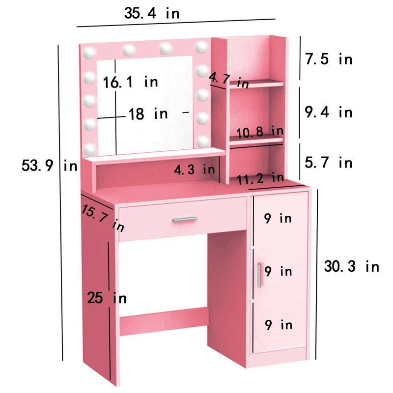 Vanity Desk with Mirror and Lights, Makeup Vanity with Drawer and Storage Shelves, Dressing Table with 3 Lighting Modes