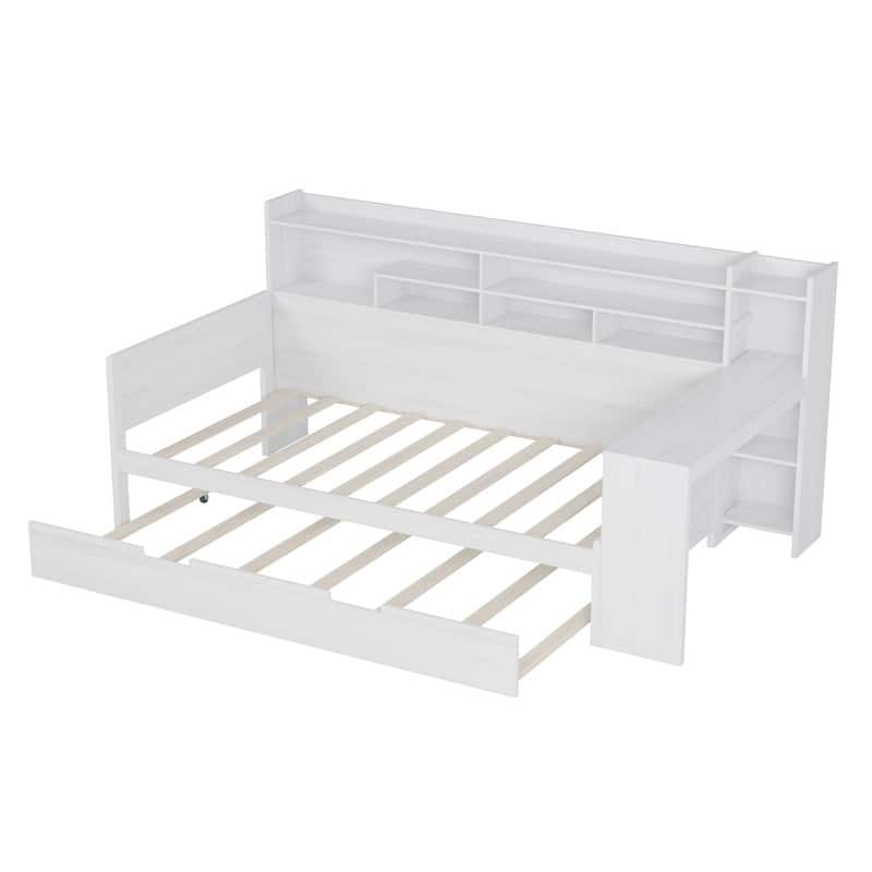 Wooden Daybed with Storage Shelves, Multi-functional Bed with Twin Size Trundle Bed and Study Desk