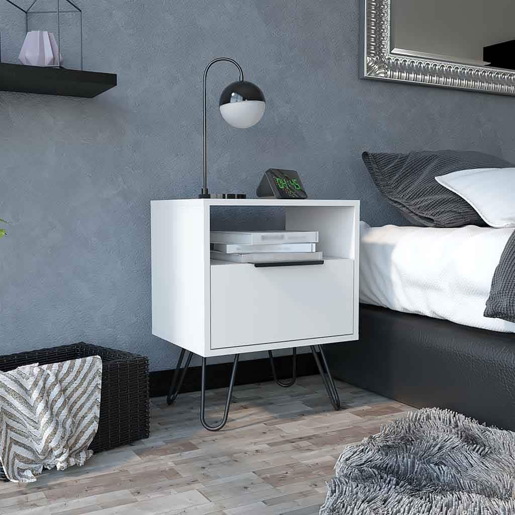 Nightstand Skyoner, Single Drawer, Hairpin Legs, White Finish,High quality and durable