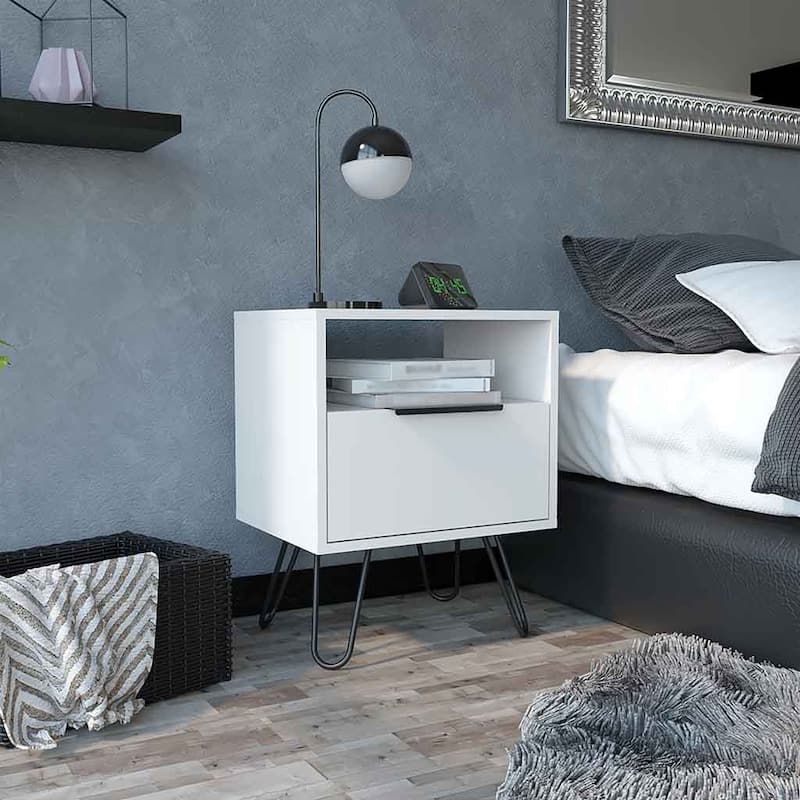 Nightstand Skyoner, Single Drawer, Hairpin Legs, White Finish - White