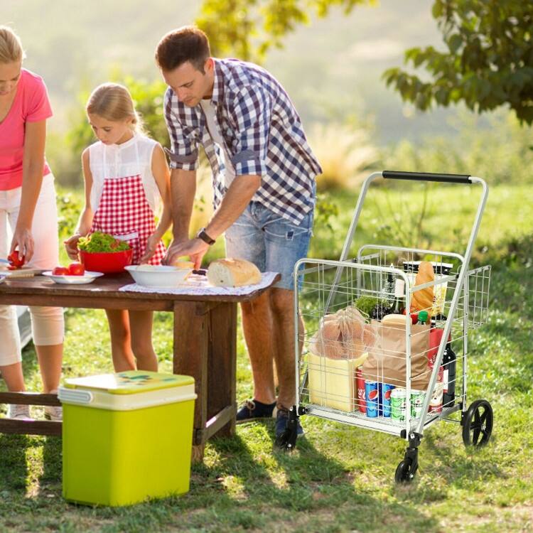 Multi-Purpose Foldable Grocery Cart with 360 Degree Front Wheels and Large Basket and Back Storage - 25" x 25" x 40"(L x W x H)