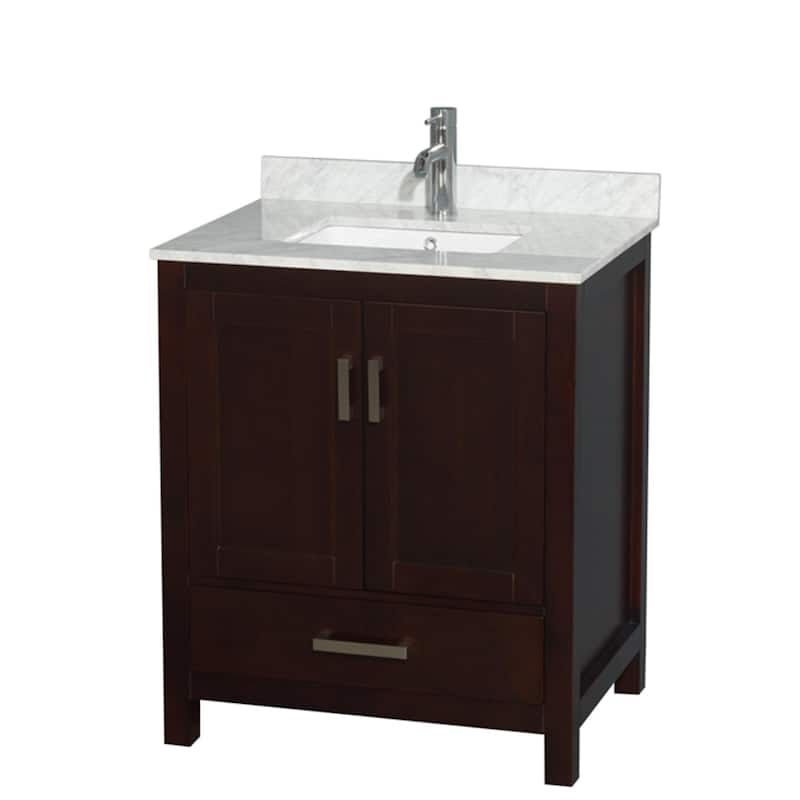 Wyndham Collection Sheffield 30" Freestanding Vanity Set with Hardwood - Espresso / White Carrara Marble Top - Espresso Finish