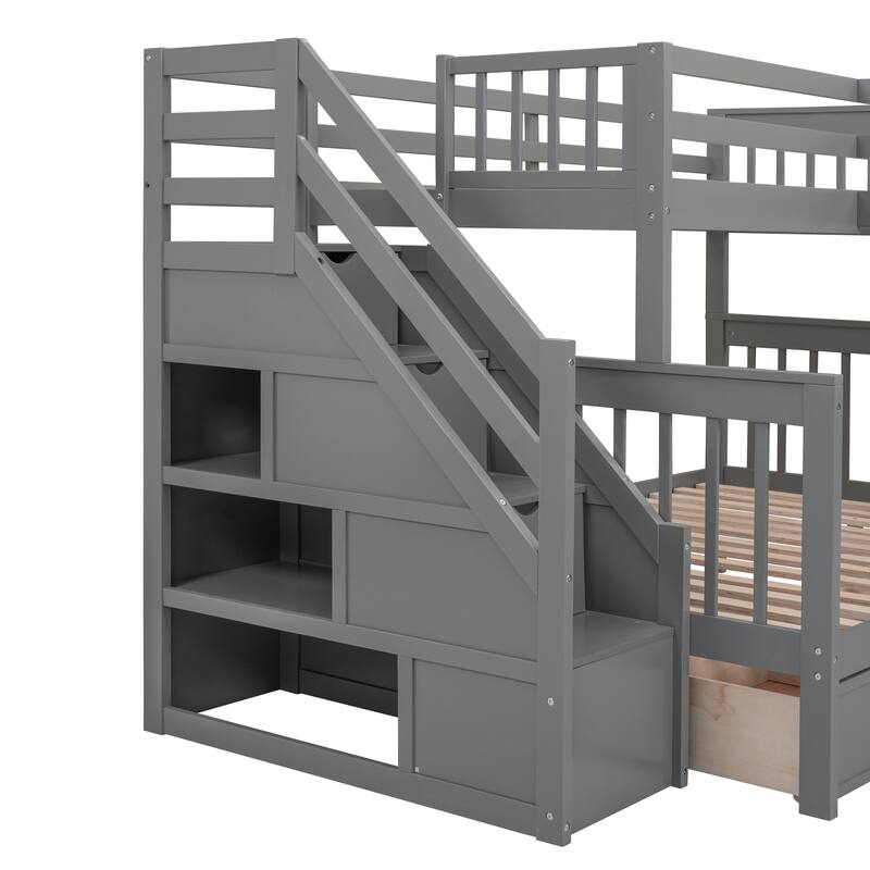 L-Shaped Twin-Twin Over Full Bunk Bed with Drawers, Desk, and Wardrobe in Gray