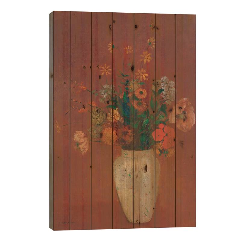 Bouquet In A Chinese Vase Print On Wood by Odilon Redon - Multi-Color - 40x26x1.5
