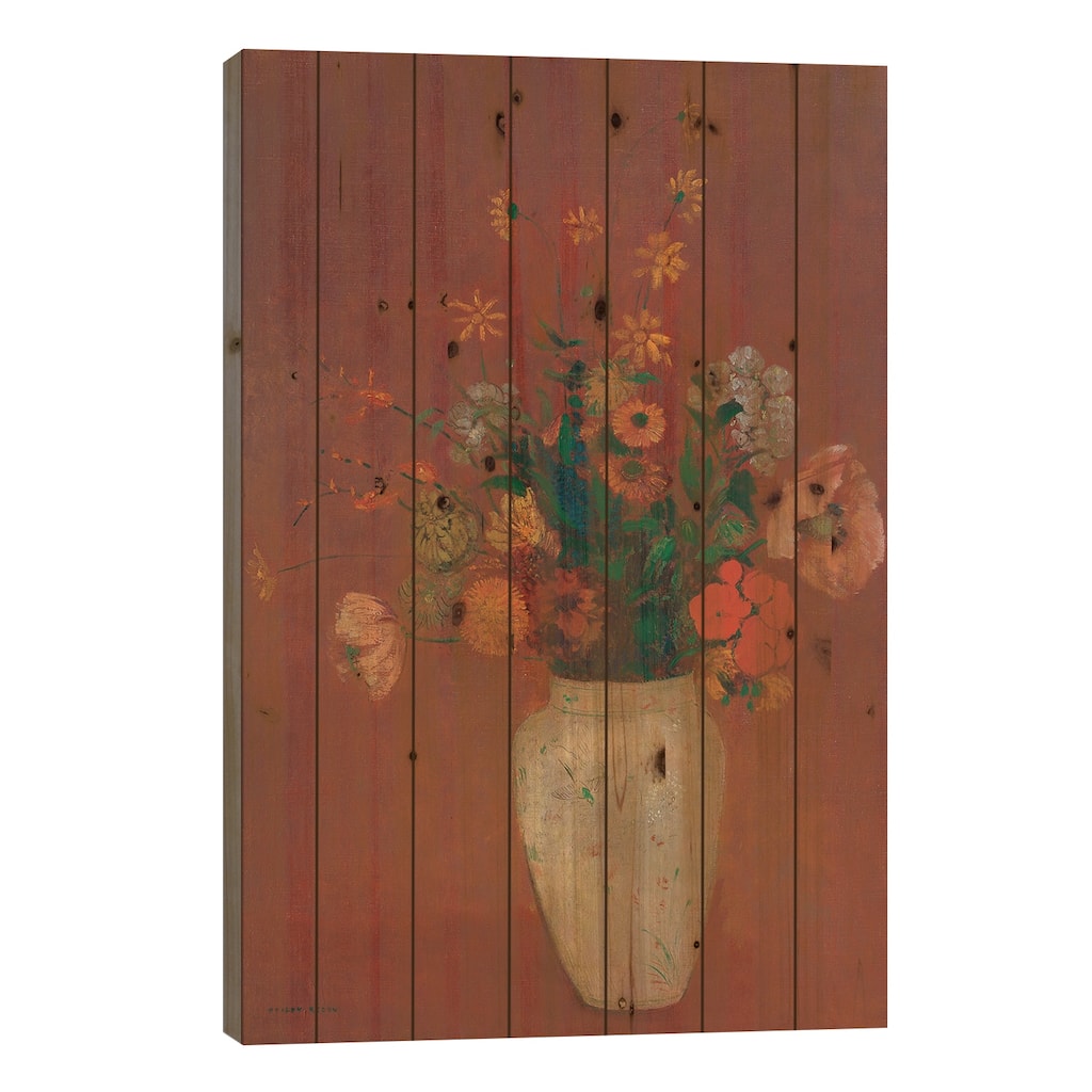 Bouquet In A Chinese Vase Print On Wood by Odilon Redon - Multi-Color