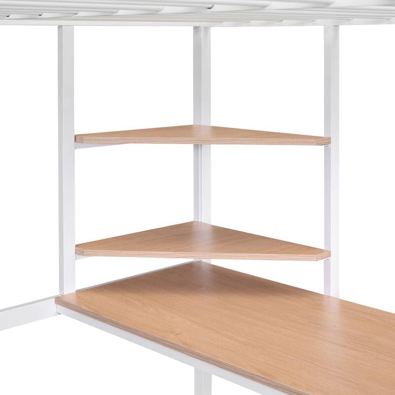 Sturdy Twin/Full Size Metal Loft Bed with Integrated Desk & Shelves, Modern Design