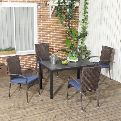 Outsunny Stackable PE Rattan Outdoor Dining Chairs with Cushions, Set of 4 Patio Wicker Dining Chairs with Armrests and Backrest