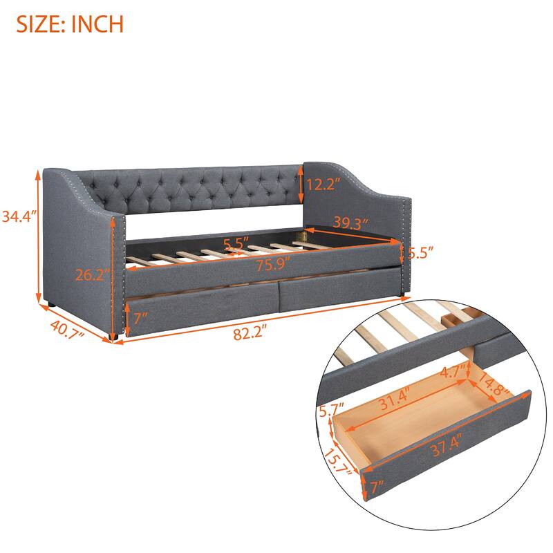 Upholstered daybed with Two Drawers, Wood Slat Support