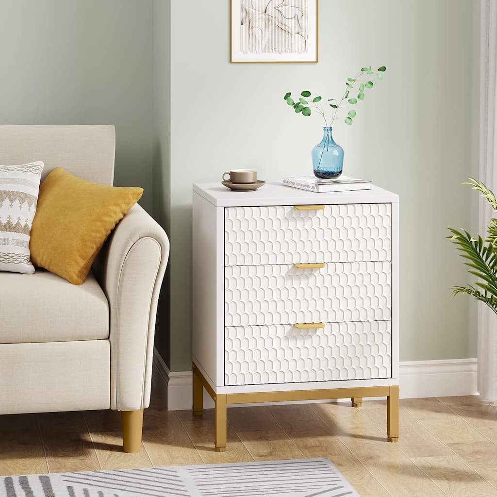 19.7-Inches Modern White and Gold 3-Drawer Nightstand