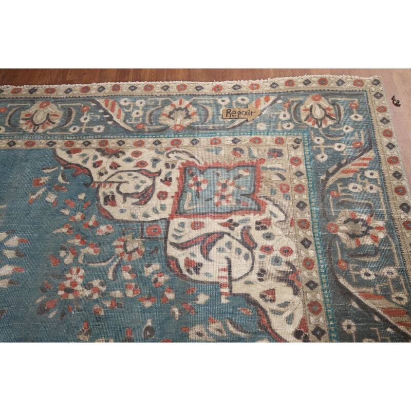 Blue Distressed Tabriz Vintage Persian Area Rug Handmade Wool Carpet - 9'7" x 12'3"