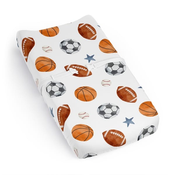 slide 2 of 6, Sweet Jojo Designs Sports Theme Boy Changing Pad Cover Sheet -Vintage Sport Themed, Soccer Balls, Football, Baseball, Basketball