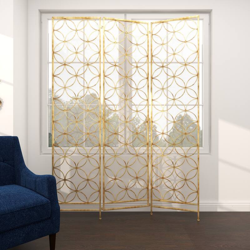 Brass Metal Hinged Foldable Partition 3 Panel Geometric Partition Room Divider Screen - 57 x 79