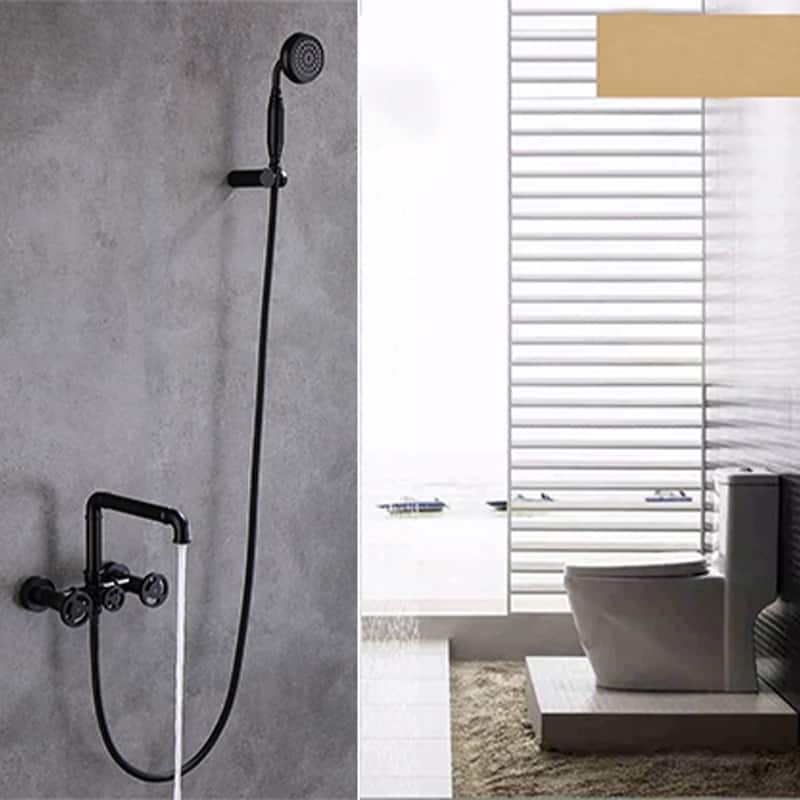 2-Handle Wall Mounted Tub Faucet Set With Hand Shower in Black/Gold