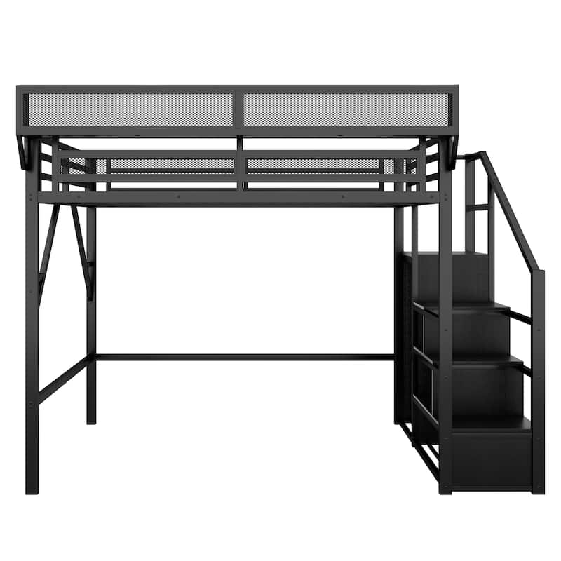 Queen Size Loft Bed with Stairs, Metal Queen Loft Bed with Storage Shelves, High Loft Bed with Wardrobe for Kids Teens Adults